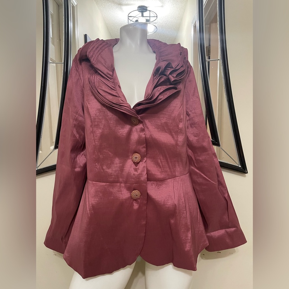 Jerry T Chic Maroon Women's Blazer with Ruffled Collar